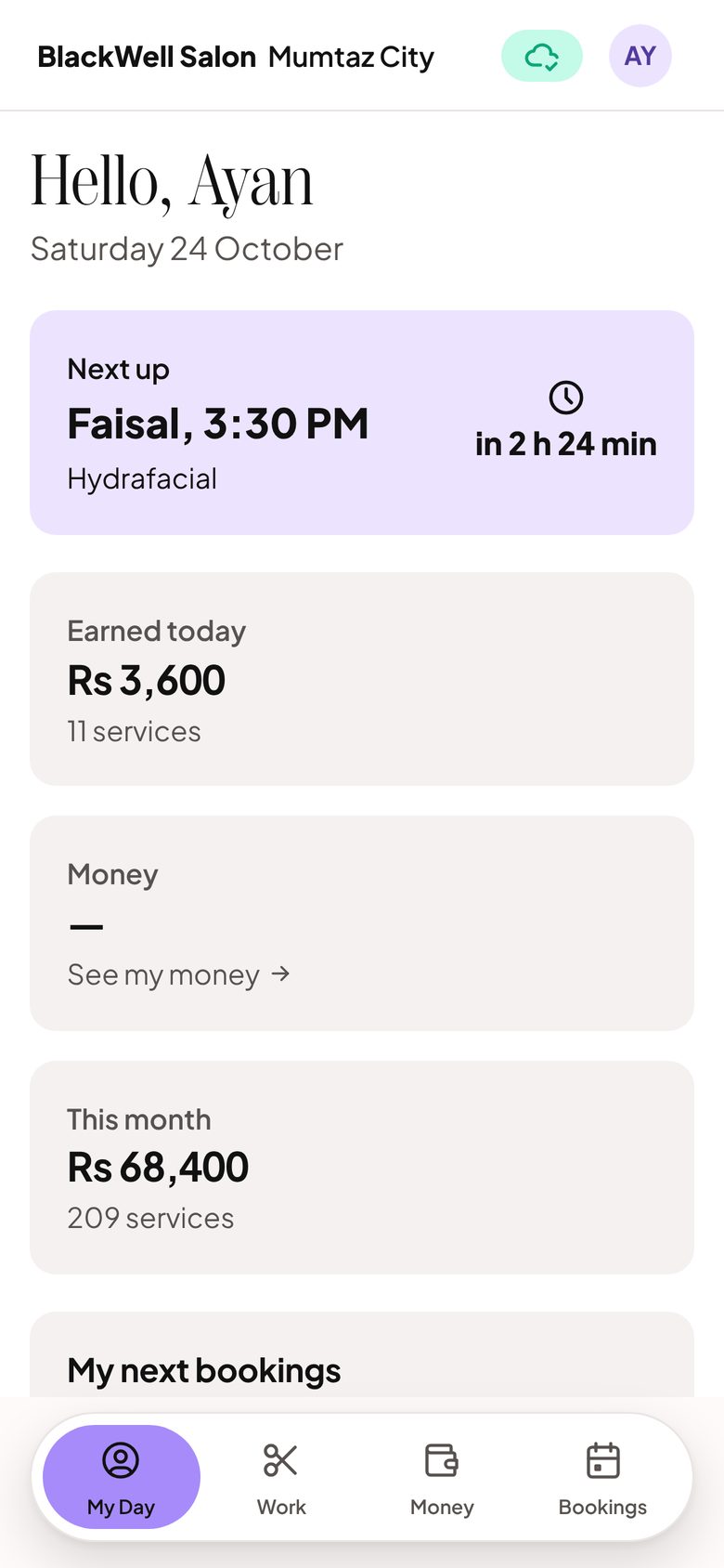 A barber's own phone showing his next booking and what he has earned today and this month