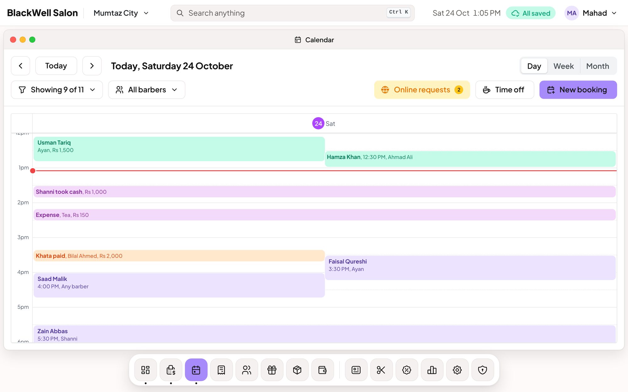 The bookings calendar for one day, with bookings, an online request and money movements