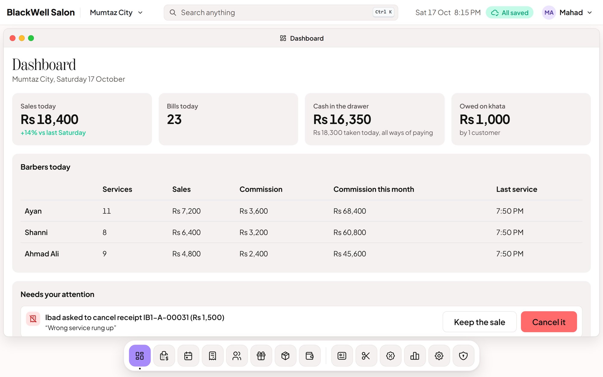 The BlackWell Salon dashboard showing today's sales, bills, cash in the drawer and each barber's commission